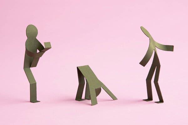 An illustration of three cardboard cutouts of people doing various stretches on a pink background.