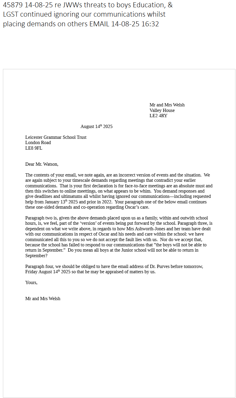 45879 14-08-25 to JWWs threats to boys Education, & LGST continued ignoring our communications whilst placing demands on others