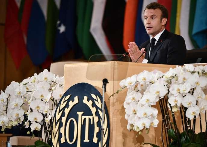 Emmanuel Macron prononce un discours à la Conférence internationale du travail de l’OIT le 11 juin 2019 à Genève.