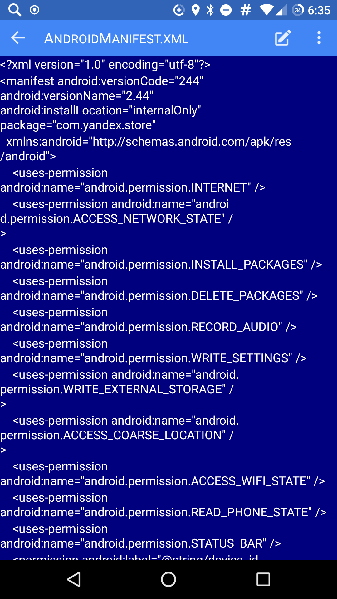 Распакованное приложение и содержимое файла AndroidManifest.xml