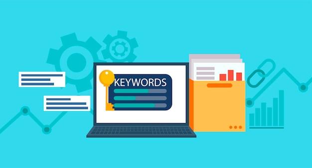 Free vector keywords research banner. laptop with a folder of documents and graphs and key.
