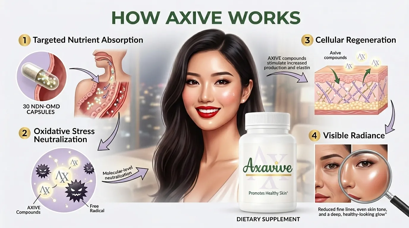 Infographic explaining how Axavive works for healthy skin, featuring steps like targeted nutrient absorption, oxidative stress neutralization, cellular regeneration, and visible radiance for US wellness consumers.