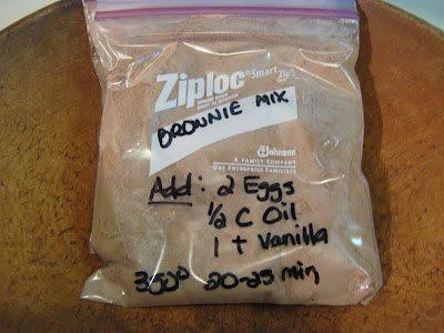 Photo: Never buy boxed brownie mix again! So simple, so easy. Not just frugal but cuts out the unknown ingredients. Brownie Mix $0.30 /mix. 1 Cup Sugar, 1/2 Cup Flour, 1/3 Cup Cocoa, 1/4 tsp Salt, 1/4 tsp Baking Powder. Add: 2 Eggs, 1/2 Cup Vegetable Oil, 1 teaspoon Vanilla. Bake @ 350 degrees for 20-25 minutes. Can put all dry ingredients in a jar also ~Frisky