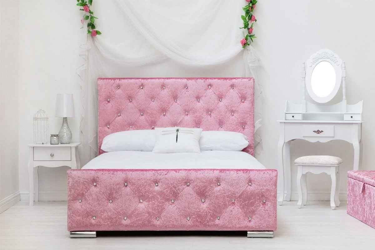 Pink Crushed Velvet Upholstered Bed style=