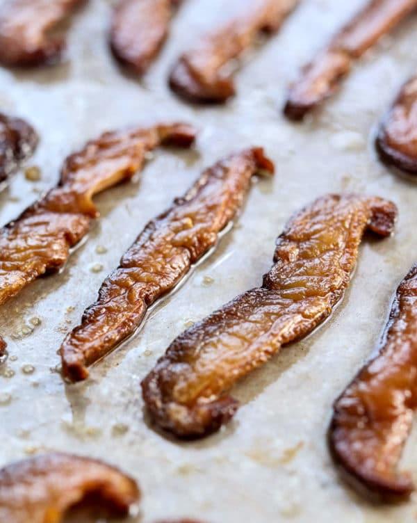 mushroom bacon on a pan