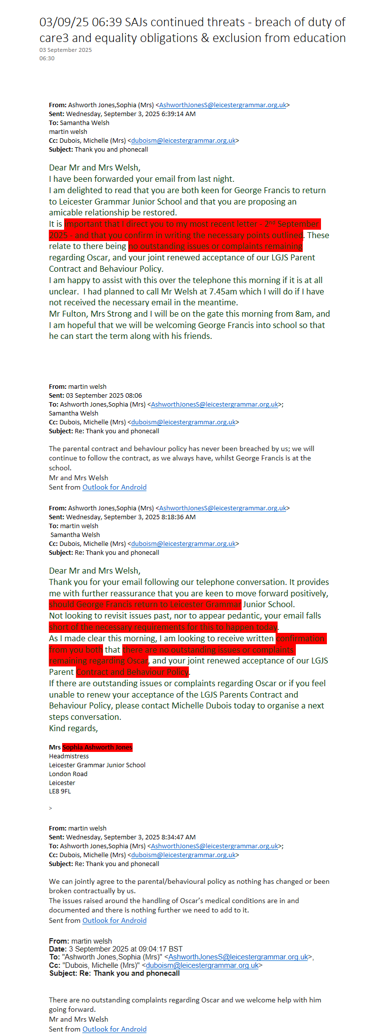 03/09/25 06:39 SAJs continued threats - breach of duty of care3 and equality obligations & exclusion from education