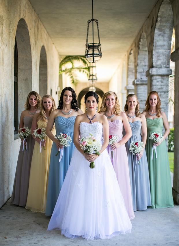 full length long mismatched bridesmaid dresses in pastel colors