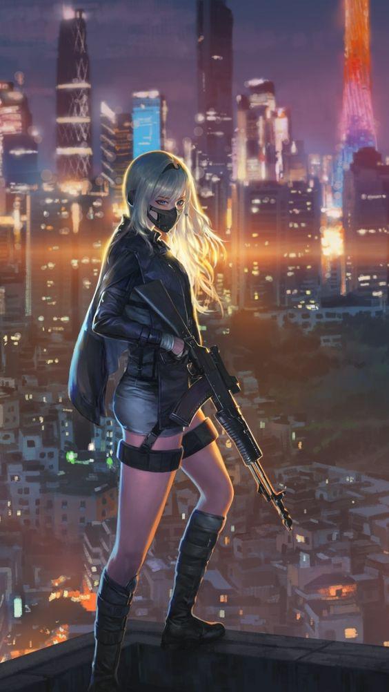 Sniper girl, cityscape, anime girl, art, 720x1280 wallpaper
