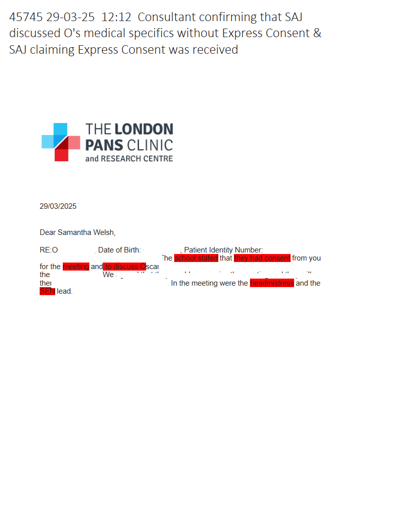45745 29-03-25 12:12 Consultant confirming that SAJ discussed O's medical specifics without Express Consent