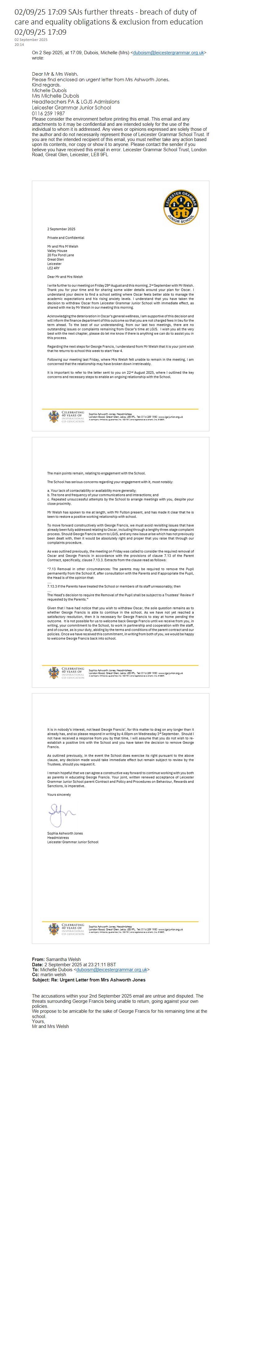 02/09/25 17:09 SAJs further threats - breach of duty of care and equality obligations & exclusion from education