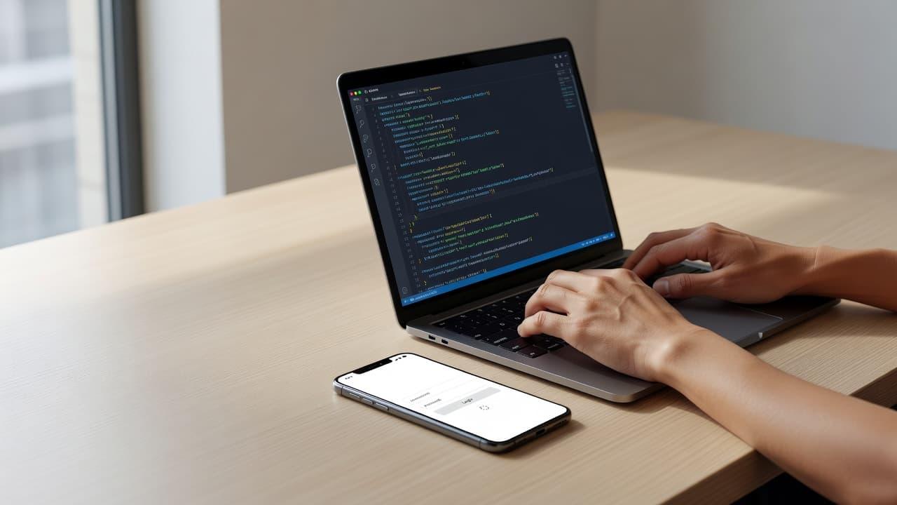 A person types on a laptop displaying code while a smartphone showing a login screen sits on a wooden desk. Soft natural light illuminates the clean and minimalist professional workspace setup.