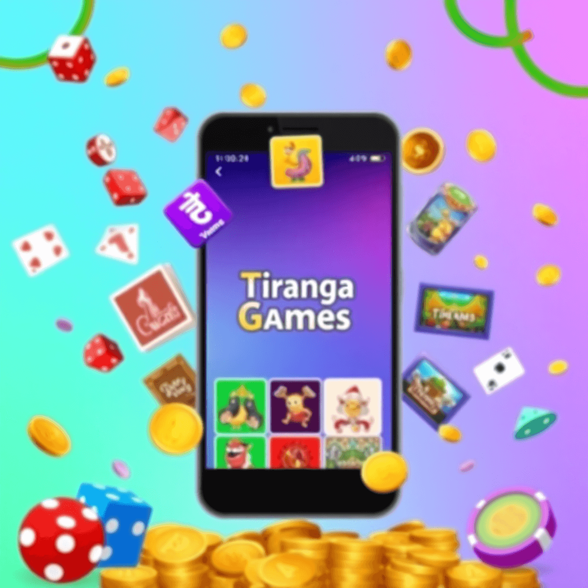 A smartphone displays the Tiranga Games app with colorful game icons, surrounded by dice, cards, and coins, reflecting digital entertainment and gaming elements.