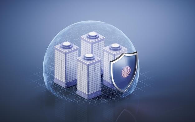 City building with shield 3d rendering