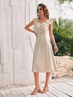 Casual A Line Dress Details • Bust: 33.1 inches • Waist: 26.8 inches • Hip: 40.9 inches • Length: 43.3 inches • Style: Casual • Color: Apricot • Pattern: Plain • Midi length • Season: Summer