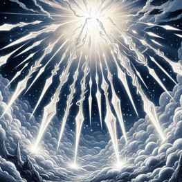 make a illustration where seven lances made of pure white magic light are falling from the sky