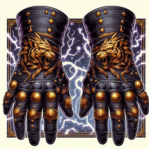 using style of art used for dnd 3.5 create an illustration of a pair of black leather magic gloves set with golden studs, each embossed with the image of a manticore's head. Small electric sparks from it
