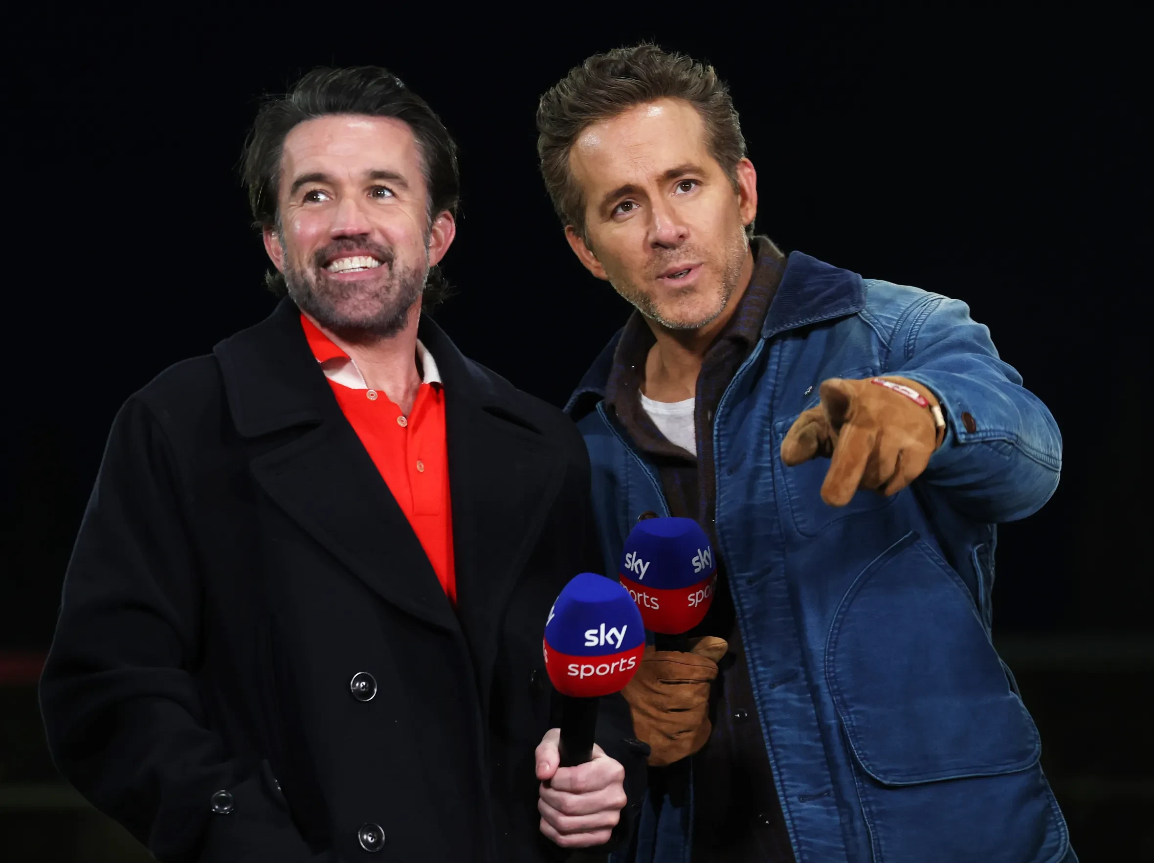 Rob McElhenney and Ryan Reynolds being interviewed on Sky Sports.