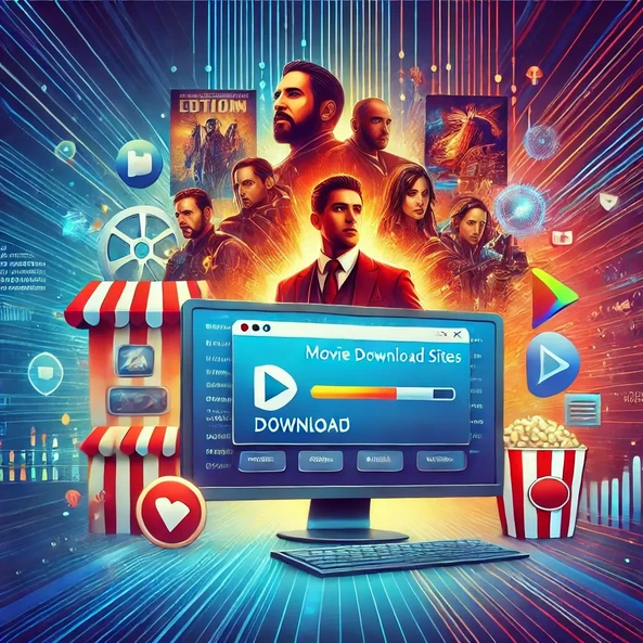 dalle20250119131436aconceptualillustrationrepresentingmoviedownloadsitesshowingacomputerscreenwithacolorfulinterfacedisplayingmoviepostersofvariousg.webp