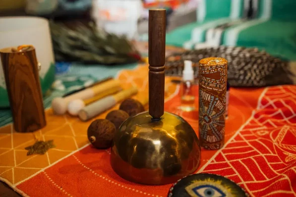 A sacred ceremonial setting with natural elements, featuring symbolic representations of Ayahuasca, San Pedro, Mushrooms, Bufo, and Kambo.