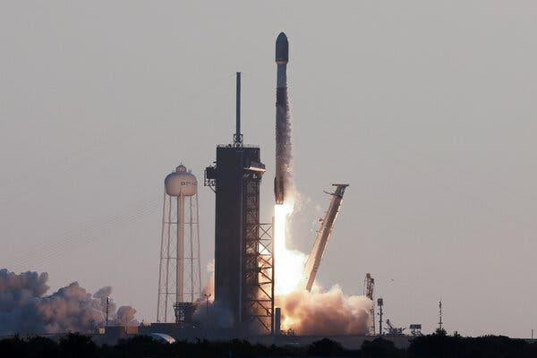 A rocket launching into the sky with smoke clouds and fire surrounding it.