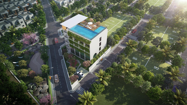 A building with a pool in the middle of a road  AI-generated content may be incorrect.