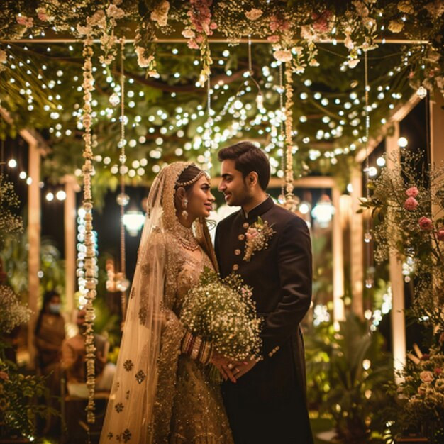a bride and groom are standing in a carousel