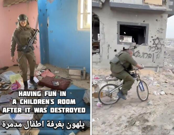 Captures écrans issues de vidéos postées sur X. A gauche, des soldats israéliens dans les décombres d’une chambre d’enfant à Gaza, postée le 11 janvier 2024. A droite, un soldat sur un vélo dans une maison détruite dans le nord de Gaza, postée le 3 décembre 2023.