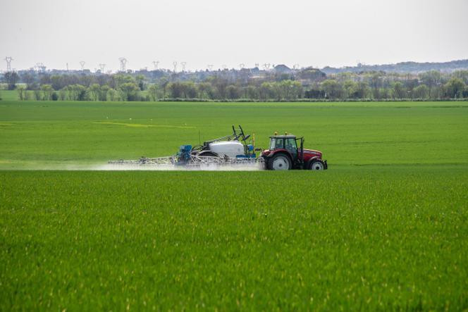 Pulvérisation de produits phytosanitaires sur un champ de blé à Saint-Rogatien (Charente-Maritime), le 1ᵉʳ avril 2021.