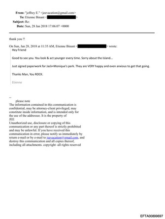 Extrait des emails de Jeffrey Epstein, révélés par le ministère américian de la justice le 30 janvier 2026.