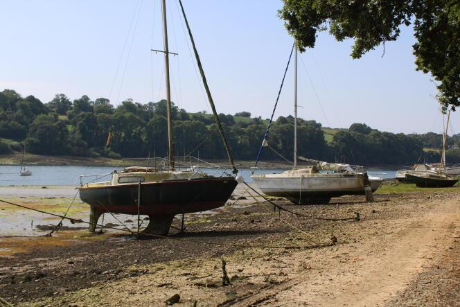 Sur la crique de mise à l’eau de Beg-Melen, à Plouguiel (Côtes-d’Armor), le 31 juillet 2024. Un avertissement à destination des propriétaires a été déposé sur l’une des embarcations abandonnées.