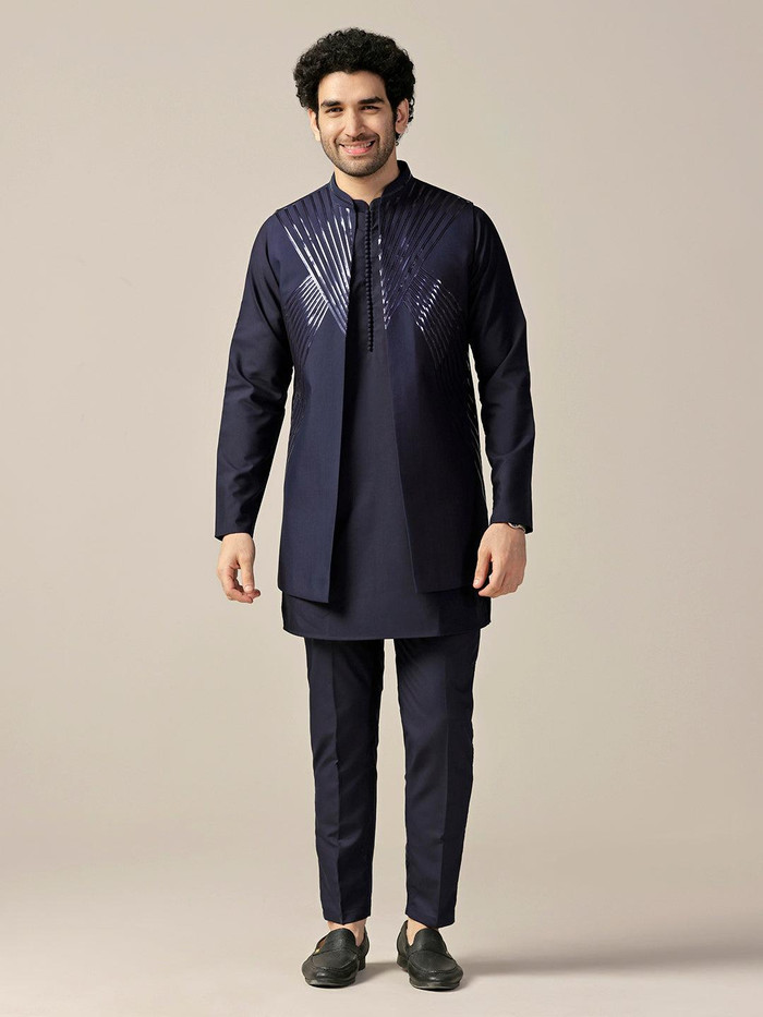 Navy Silk Blend Metallic Jacket Kurta Trouser Set – Kisah