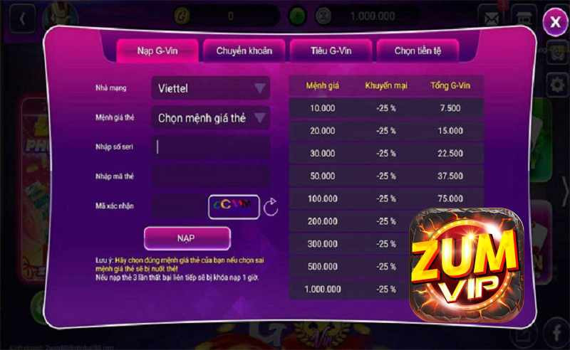 Giao diện gửi tiền với thẻ cào điện thoại.