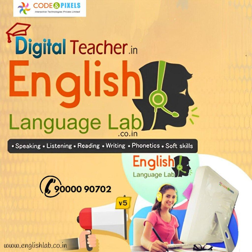 A Students in uniforms at computers, wearing headphones, learning languages. 'Digital Teacher English Language Lab' banner in background.