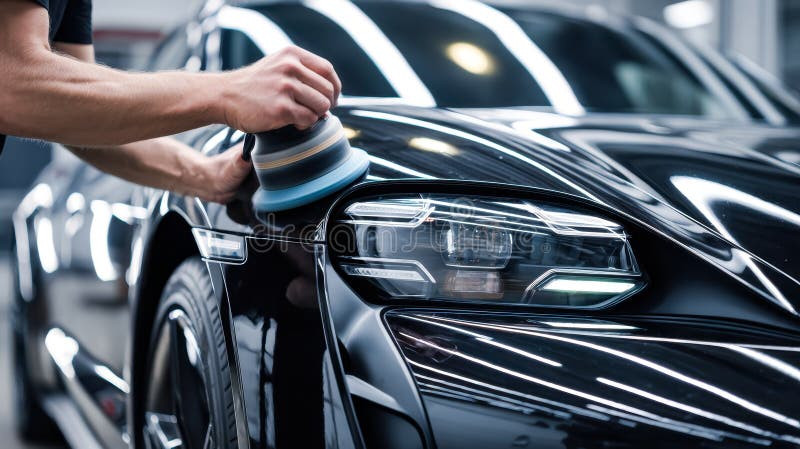 Car Detailing Using a Polishing Machine on a Sleek Black Vehicle in a  Professional Workshop Stock Illustration - Illustration of machine,  automotive: 400191853