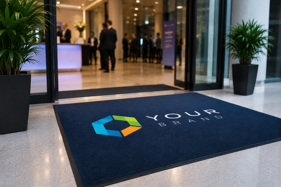 Corporate lobby entrance with branding mat