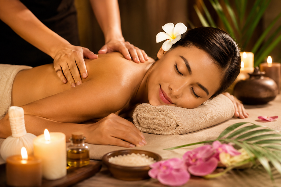Relaxing spa massage with natural elements