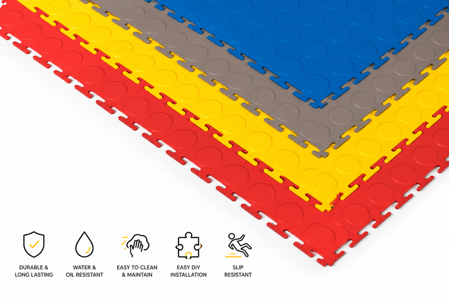 Colorful interlocking floor mats arrangement