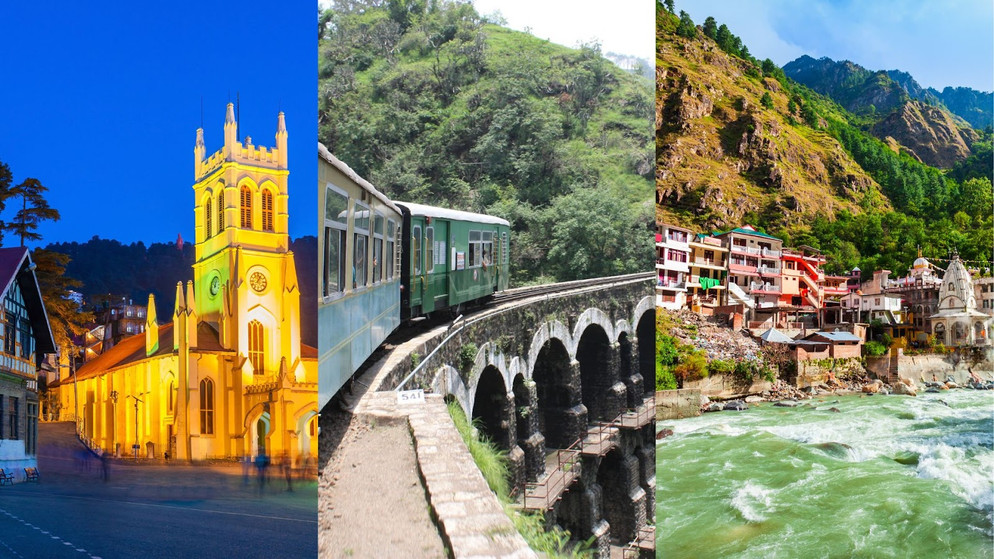 Collage of North India tourist attractions showing Christ Church in Shimla, Kalka–Shimla Toy Train winding through lush hills, and colorful riverside buildings in Uttarkashi by the Ganges River.