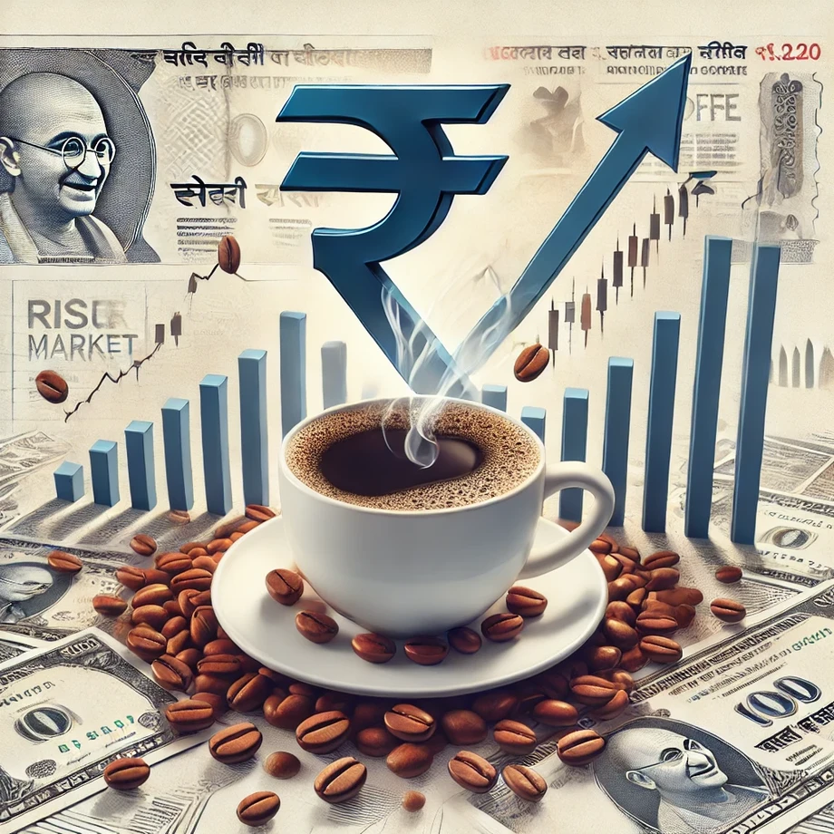 dalle20250304122623anindiafocusedimageillustratingtherisingcostofcoffeeanditsimpactonthestockmarketthescenefeaturesasteamingcupofcoffeewithan.webp