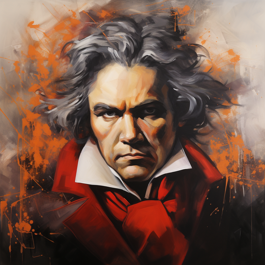 Dynamic and vibrant portrait of Ludwig van Beethoven with intense gaze, framed by wild hair and splashes of orange and white on a dark background, symbolizing his passionate and revolutionary musical genius.