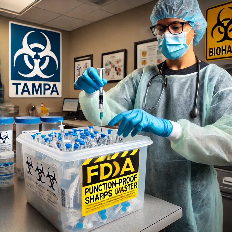 dalle20241018114310ahealthcareworkerintampahandlingsharpswasteplacingusedneedlesintoanfdaapprovedpunctureproofsharpscontainerthesceneshowsclearb.webp
