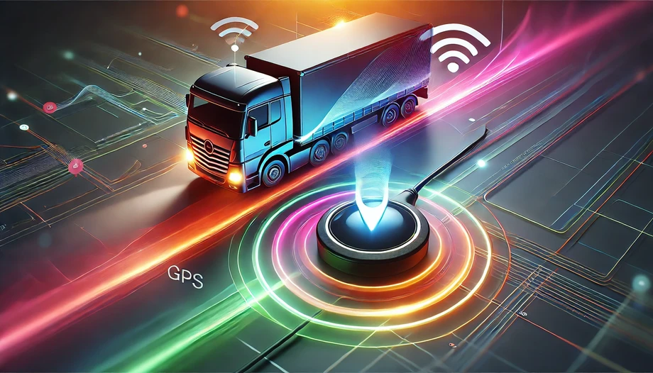 dalle20241004130706asleekandmodernbannerdesignwithvibrantcolorsshowcasingagpsdeviceintheforegroundconnectedtoavehicleinthebackgroundtheimagesh.webp