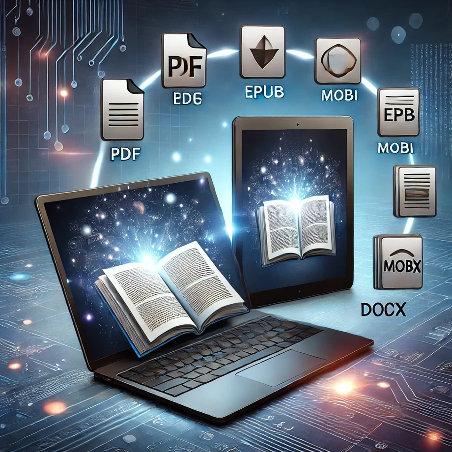 dalle20250211164228amodernandsleekdigitalillustrationrepresentingebookconversionservicestheimagefeaturesalaptopandatabletdisplayinganopenebookwith.webp
