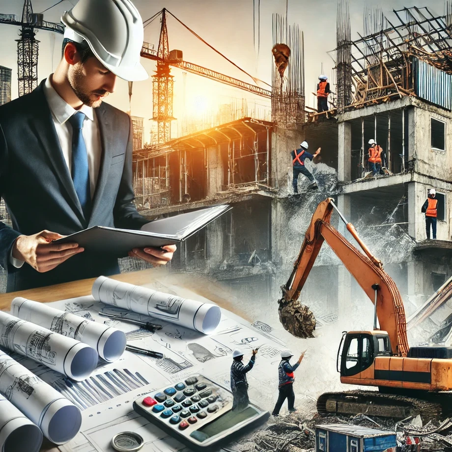 dalle20250307164125aprofessionalquantitysurveyorreviewingconstructionblueprintsandfinancialdocumentsataconstructionsitethebackgroundfeaturesactivecons.webp