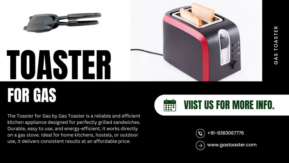 Promotional banner showing a Gas Toaster for Gas with product images, description, and contact details for Gas Toaster brand.