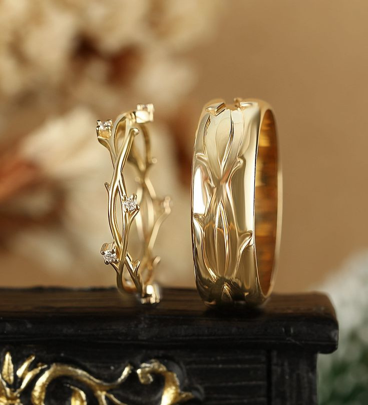 rosegoldweddingringsetvintageweddingbandhisandhersnatureinspiredbranchtwigleafringwidebandringstackingmatchingring.jpg