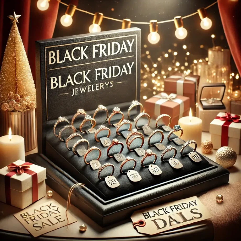 dalle20241021172355avisualrepresentationofblackfridaydealsforengagementringsdisplayedwithafestiveholidaythemethesceneincludesavarietyofeleganten1.webp