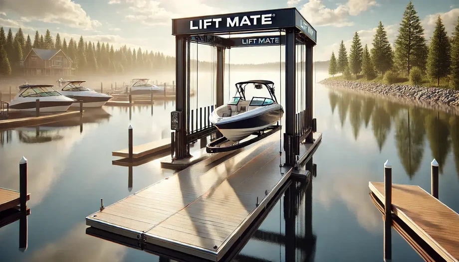 dall_e_20250319_143250__an_ultraphotorealistic_landscape_image_of_a_single_boat_on_a_lift_mate_branded_boat_lift_at_a_modern_marina_the_dock_is_clean_and_wellmaintained.webp