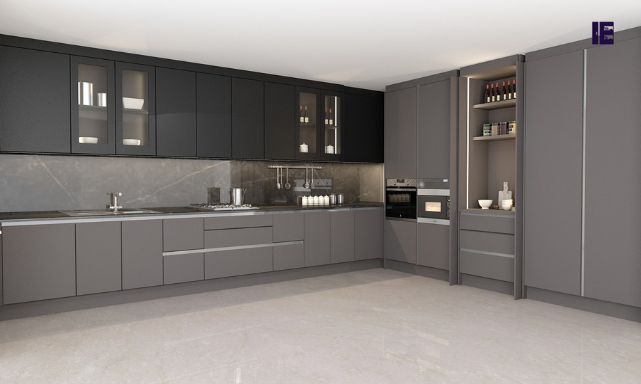 L-shaped Handleless Black and Grey Kitchen With Quartz Worktop in Onyx Grey and Black