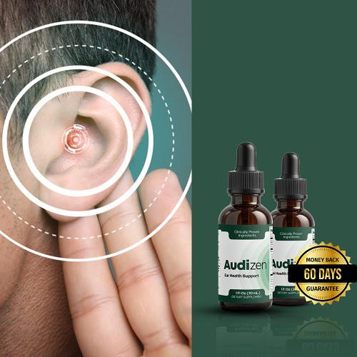 Audizen hearing support device shown in a charging case, placed on a table.